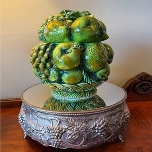Vintage 1960s Inarco green fruit basket lidded dish or cookie jar